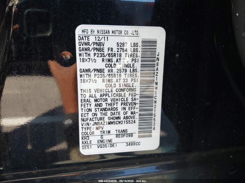 2012 Nissan Murano Sl VIN: JN8AZ1MW5CW215524 Lot: 43254858