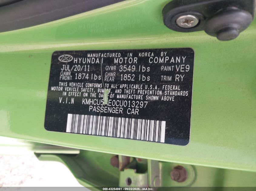 2012 Hyundai Accent Se VIN: KMHCU5AE0CU013297 Lot: 43254861