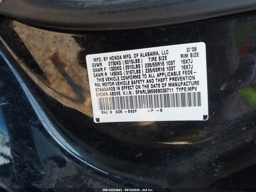 2008 Honda Odyssey Ex-L VIN: 5FNRL38698B039711 Lot: 43254863