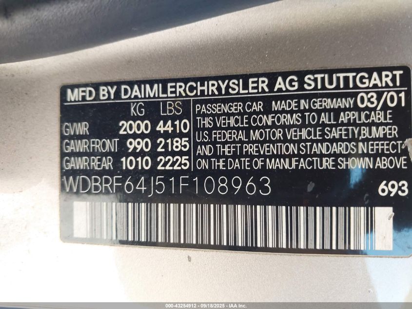 2001 Mercedes-Benz C 320 VIN: WDBRF64J51F108963 Lot: 43254912