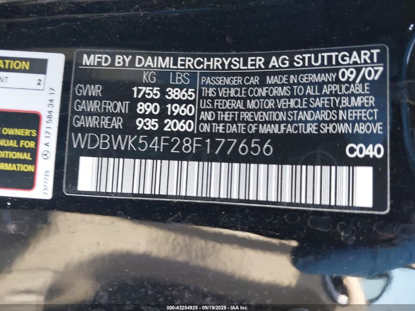 2008 Mercedes-Benz Slk 280 VIN: WDBWK54F28F177656 Lot: 43254925