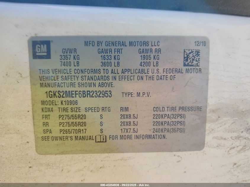 2011 GMC Yukon Xl 1500 Denali VIN: 1GKS2MEF6BR232953 Lot: 43254936