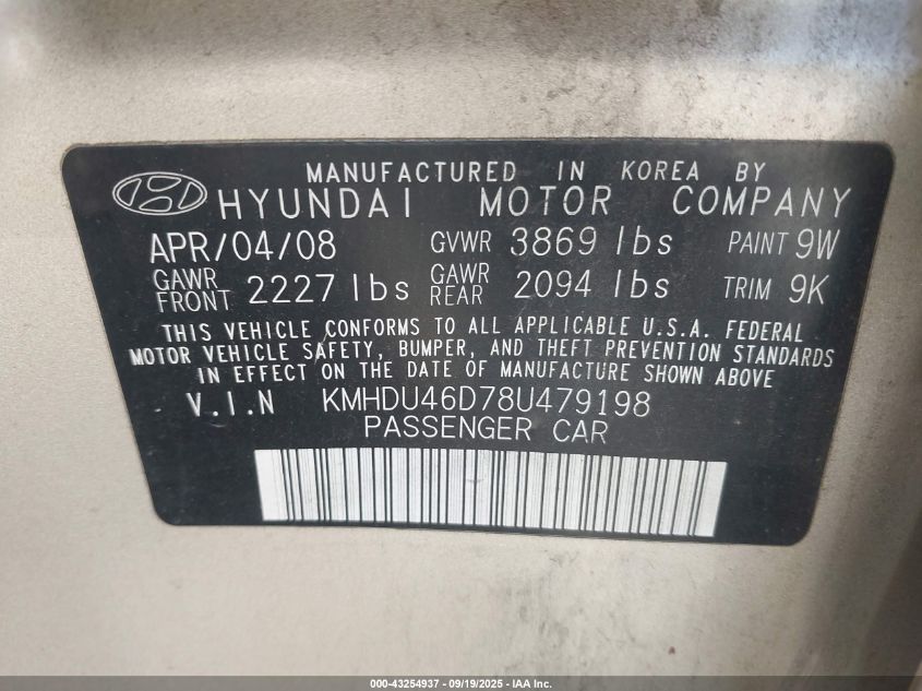 2008 Hyundai Elantra Gls/Se VIN: KMHDU46D78U479198 Lot: 43254937