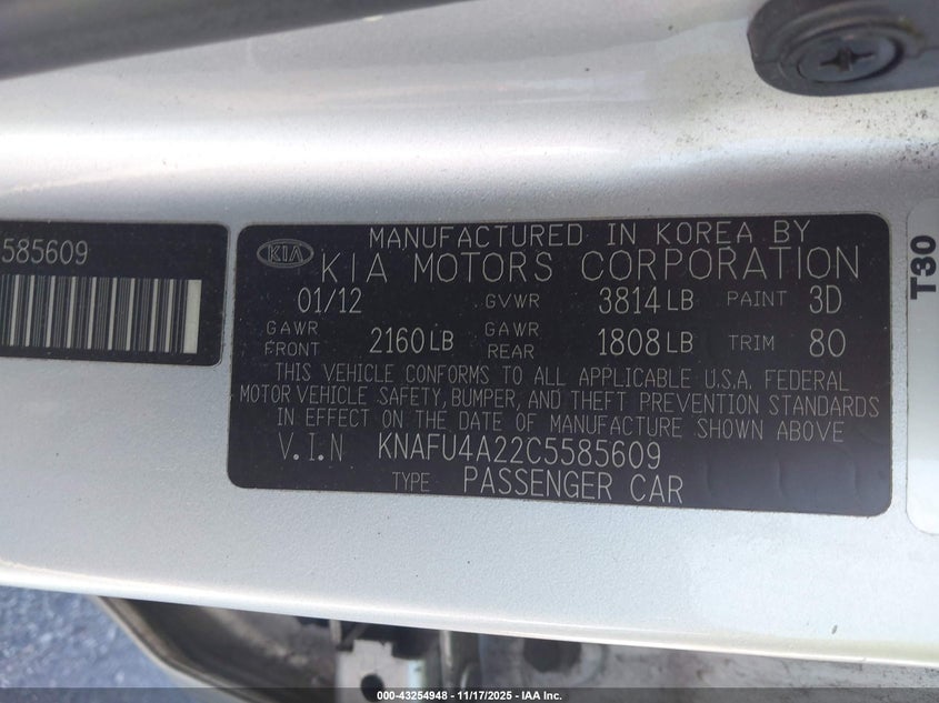 2012 Kia Forte Ex VIN: KNAFU4A22C5585609 Lot: 43254948