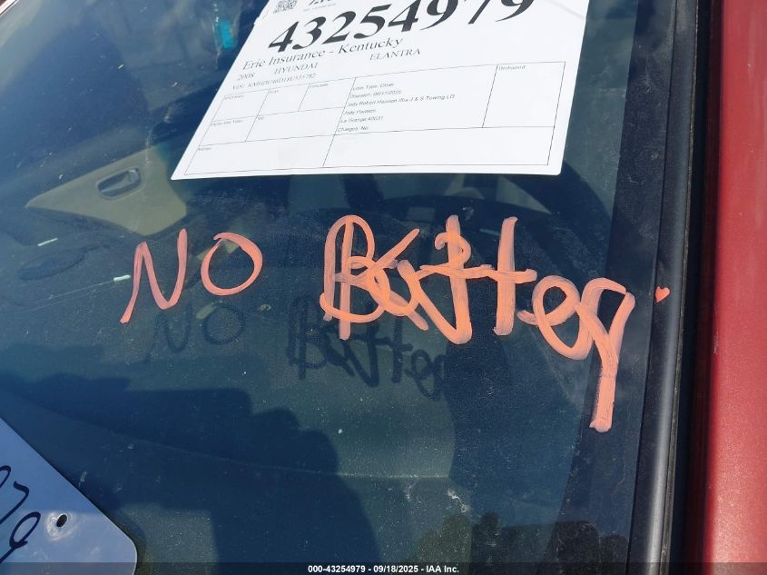 2008 Hyundai Elantra Gls/Se VIN: KMHDU46D18U535782 Lot: 43254979