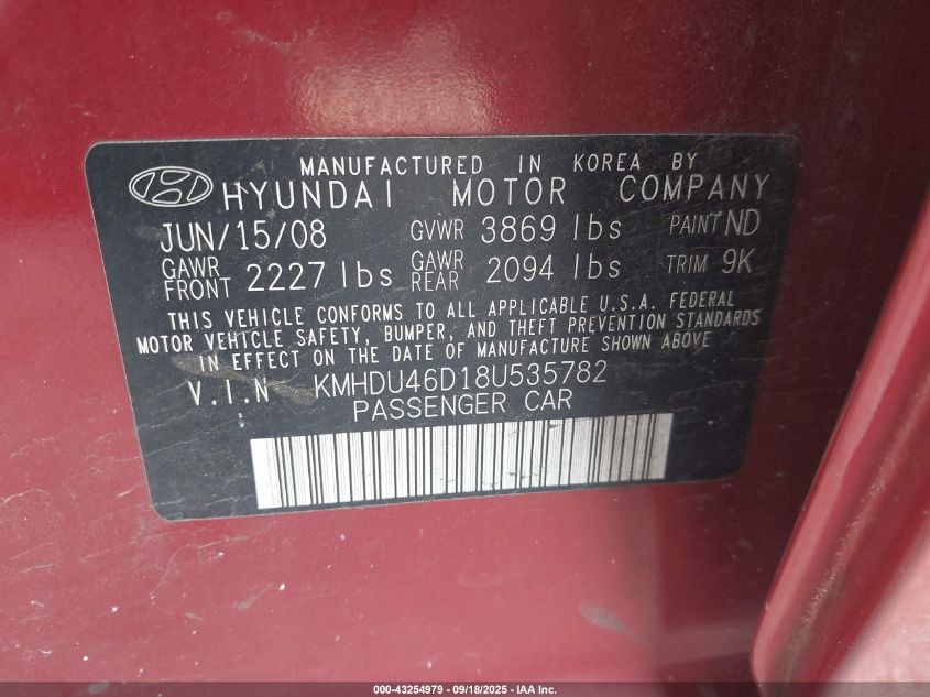 2008 Hyundai Elantra Gls/Se VIN: KMHDU46D18U535782 Lot: 43254979