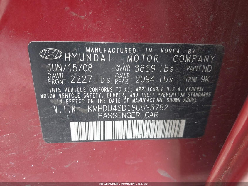 KMHDU46D18U535782 2008 HYUNDAI ELANTRA photo no. 9