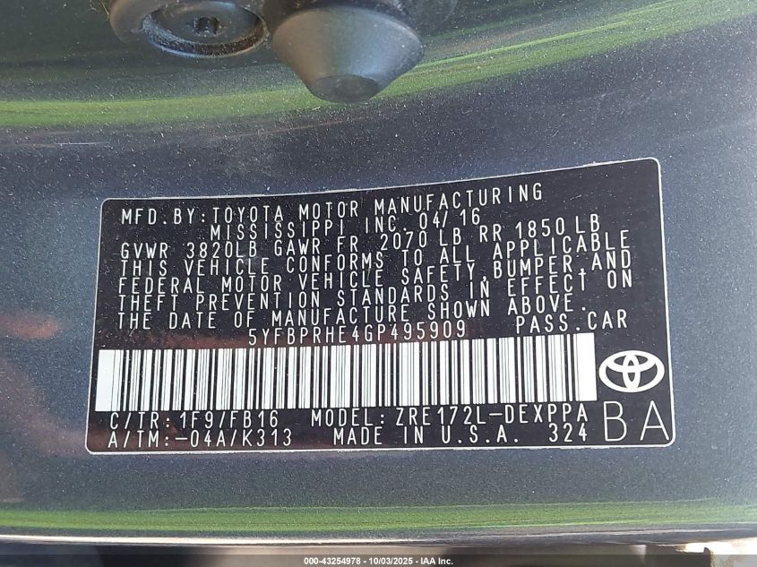 2016 Toyota Corolla Le Plus VIN: 5YFBPRHE4GP495909 Lot: 43254978