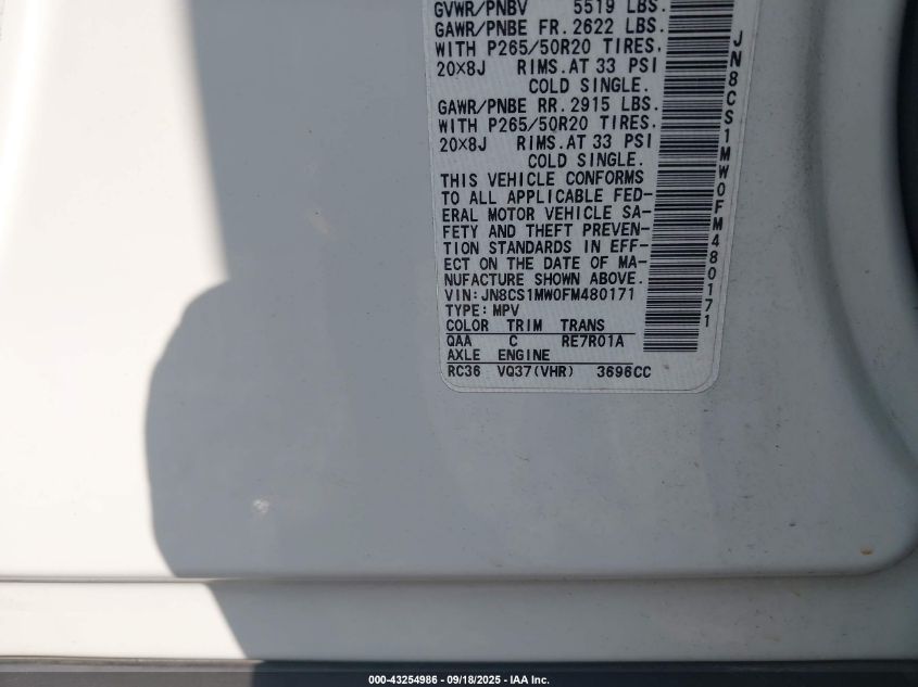 2015 Infiniti Qx70 VIN: JN8CS1MW0FM480171 Lot: 43254986