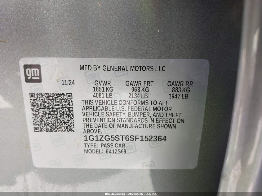 2025 Chevrolet Malibu Fwd Rs VIN: 1G1ZG5ST6SF152364 Lot: 43254994