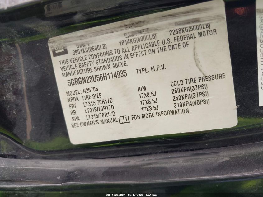 2006 Hummer H2 Suv VIN: 5GRGN23U56H114935 Lot: 43255007