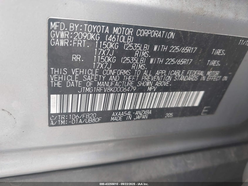 2019 TOYOTA RAV4 LE - JTMG1RFV8KD006479