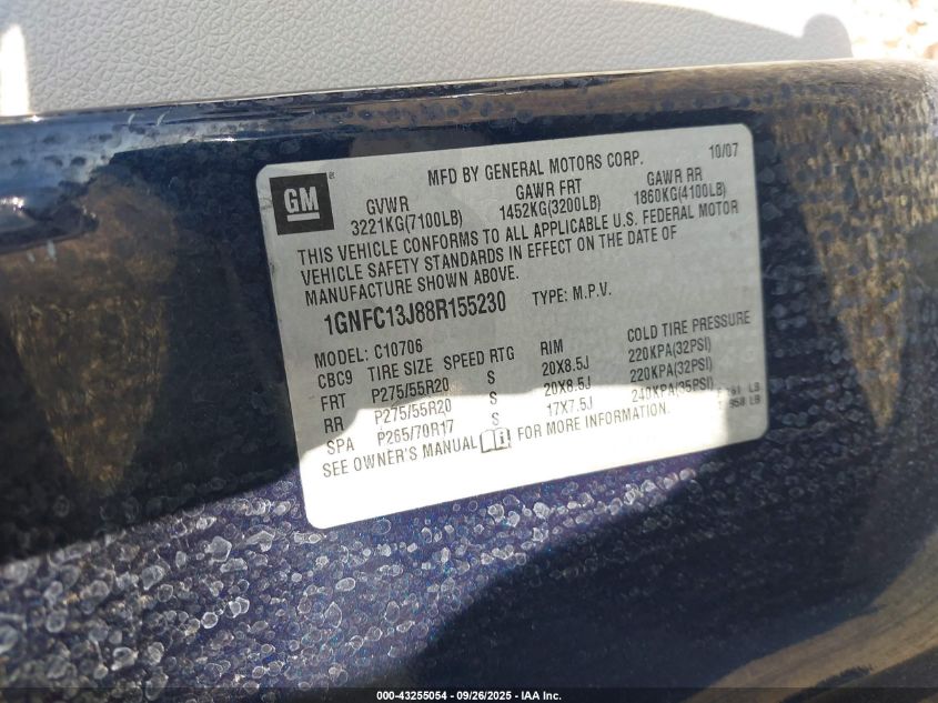 2008 Chevrolet Tahoe Lt VIN: 1GNFC13J88R155230 Lot: 43255054