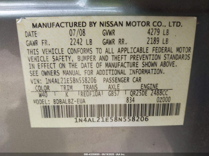 2008 Nissan Altima 2.5 S VIN: 1N4AL21E58N558206 Lot: 43255059
