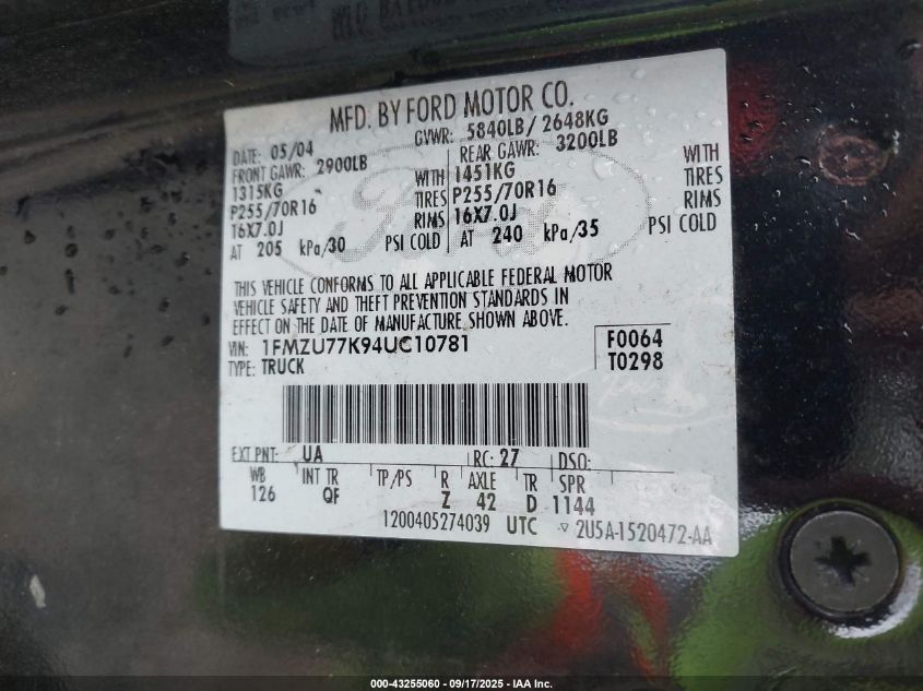 2004 Ford Explorer Sport Trac Adrenalin/Xls/Xlt VIN: 1FMZU77K94UC10781 Lot: 43255060