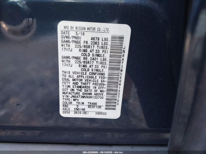 2016 Nissan Rogue S VIN: JN8AT2MVXGW133700 Lot: 43255083