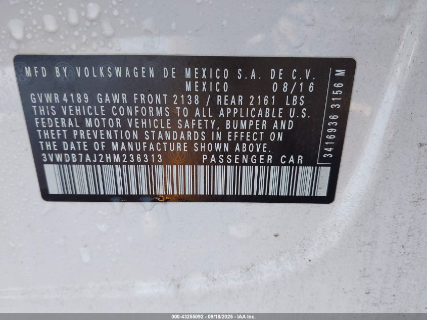 2017 Volkswagen Jetta 1.4T Se VIN: 3VWDB7AJ2HM236313 Lot: 43255092