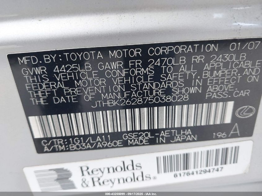 2007 Lexus Is 250 VIN: JTHBK262875038028 Lot: 43255099