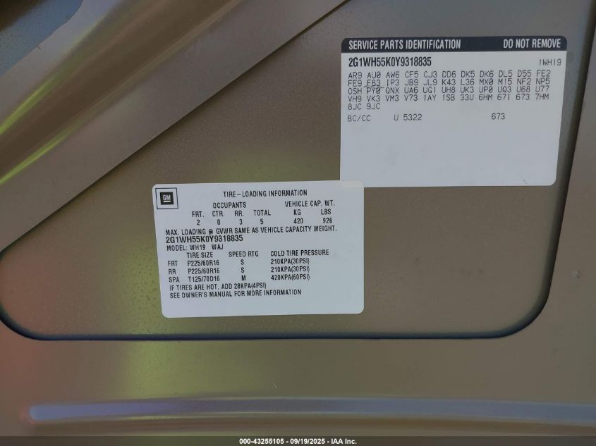 2000 Chevrolet Impala Ls VIN: 2G1WH55K0Y9318835 Lot: 43255105