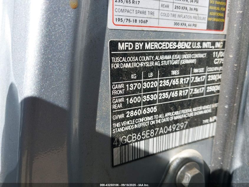 2007 Mercedes-Benz R 350 4Matic VIN: 4JGCB65E87A049297 Lot: 43255106