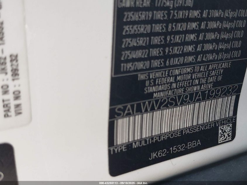 2018 Land Rover Range Rover Sport Hse Dynamic VIN: SALWV2SV9JA199232 Lot: 43255113