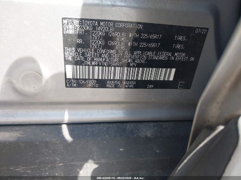 2022 Toyota Rav4 Hybrid Le VIN: JTMLWRFV1ND159497 Lot: 43255115