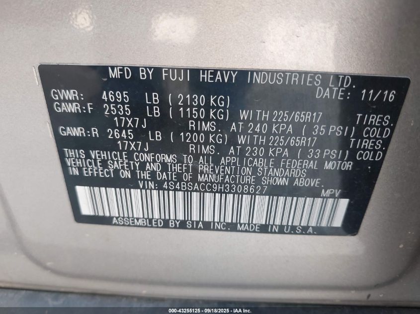 2017 Subaru Outback 2.5I Premium VIN: 4S4BSACC9H3308627 Lot: 43255125