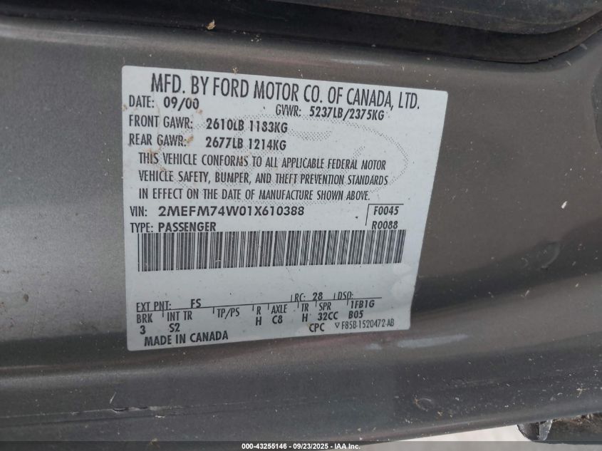 2001 Mercury Grand Marquis Gs VIN: 2MEFM74W01X610388 Lot: 43255146