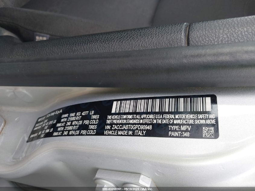 2016 Jeep Renegade Latitude VIN: ZACCJABT0GPD90948 Lot: 43255161