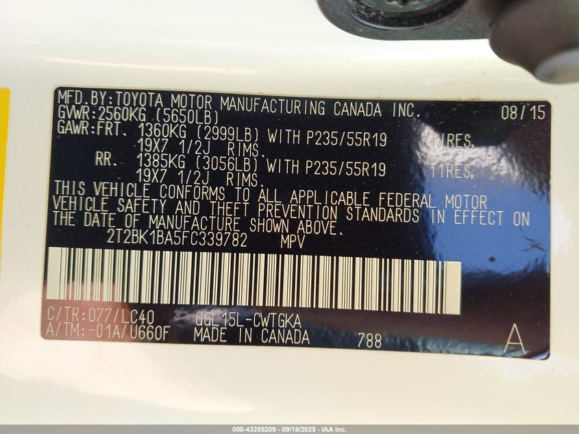 2015 Lexus Rx 350 VIN: 2T2BK1BA5FC339782 Lot: 43255209