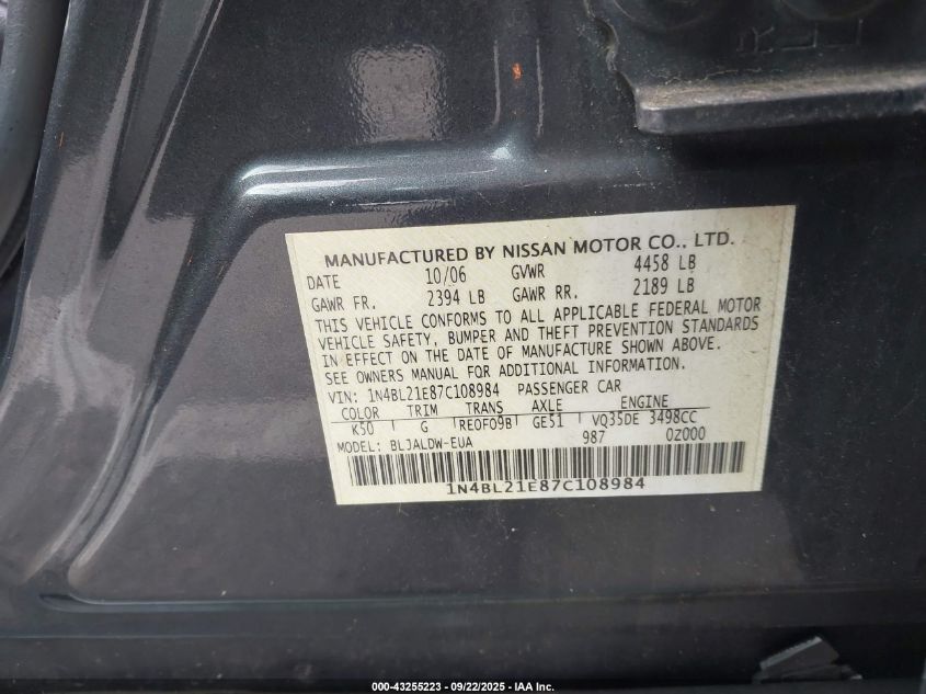 2007 Nissan Altima 3.5 Se VIN: 1N4BL21E87C108984 Lot: 43255223