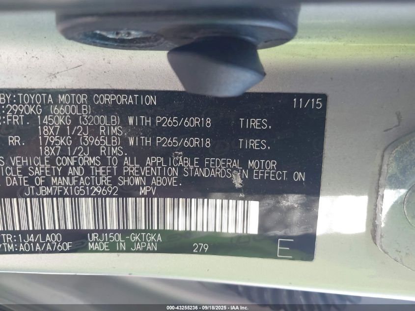 2016 Lexus Gx 460 VIN: JTJBM7FX1G5129692 Lot: 43255236