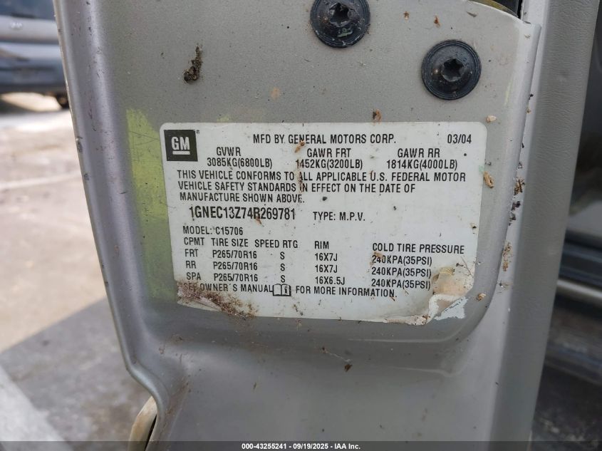 2004 Chevrolet Tahoe Lt VIN: 1GNEC13Z74R269781 Lot: 43255241