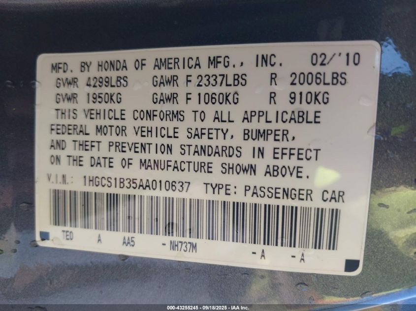 2010 Honda Accord 2.4 Lx-S VIN: 1HGCS1B35AA010637 Lot: 43255245