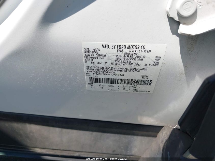 2013 Ford Explorer Limited VIN: 1FM5K7F84DGA10142 Lot: 43255253