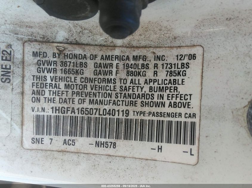 2007 Honda Civic Lx VIN: 1HGFA16507L040119 Lot: 43255256