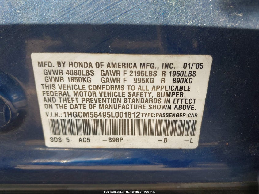 2005 Honda Accord 2.4 Lx VIN: 1HGCM56495L001812 Lot: 43785381