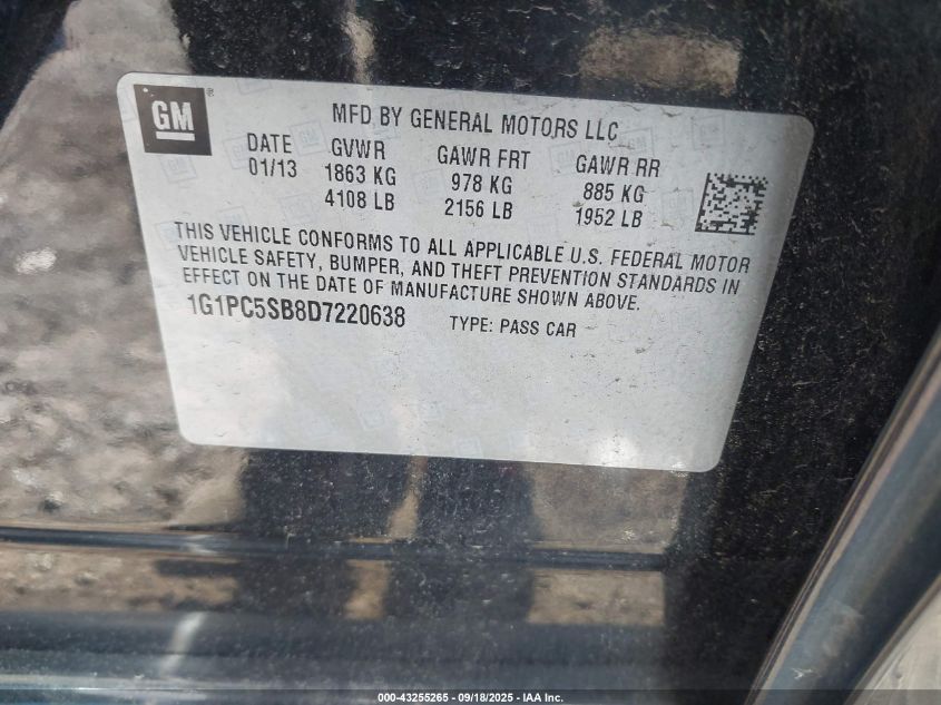 2013 Chevrolet Cruze 1Lt Auto VIN: 1G1PC5SB8D7220638 Lot: 43255265
