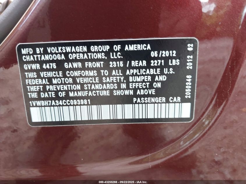2012 Volkswagen Passat 2.5L Se VIN: 1VWBH7A34CC093981 Lot: 43255266
