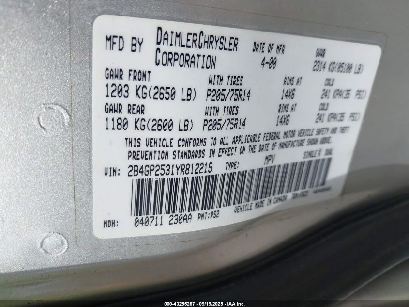 2000 Dodge Caravan VIN: 2B4GP2531YR812219 Lot: 43255267