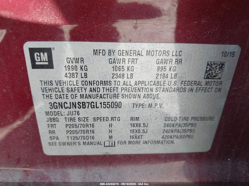 2016 Chevrolet Trax 1Ls VIN: 3GNCJNSB7GL155090 Lot: 43255278