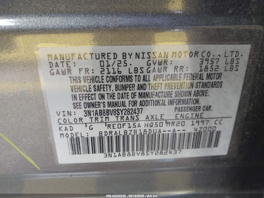 2025 Nissan Sentra S VIN: 3N1AB8BV8SY282437 Lot: 43255325