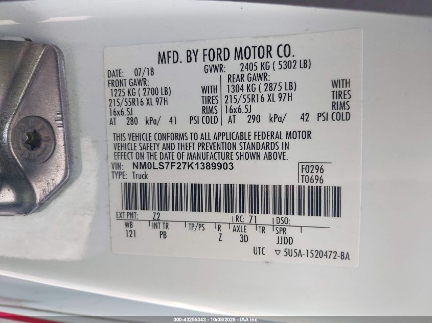 2019 Ford Transit Connect Xlt VIN: NM0LS7F27K1389903 Lot: 43255343