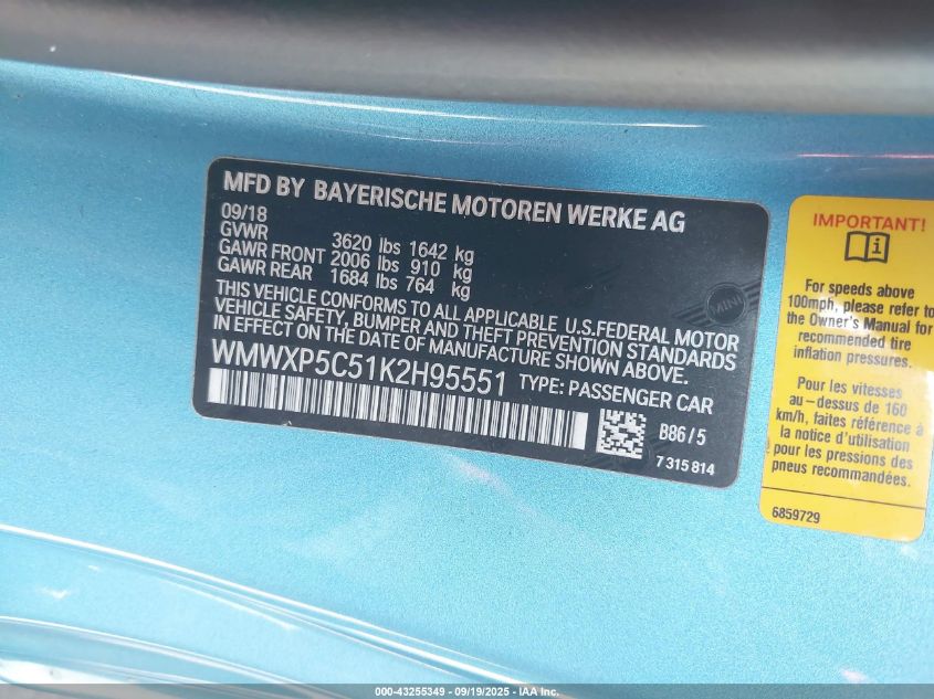 2019 Mini Hardtop Cooper VIN: WMWXP5C51K2H95551 Lot: 43255349