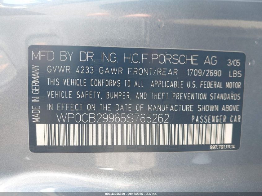 2005 Porsche 911 Carrera S VIN: WP0CB29965S765262 Lot: 43255359