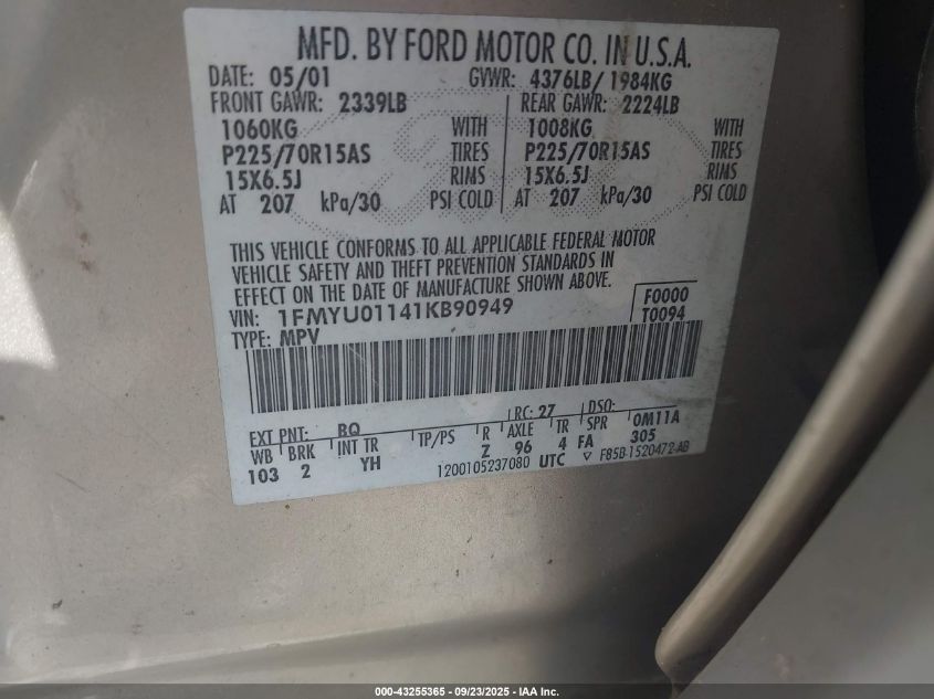 2001 Ford Escape Xls VIN: 1FMYU01141KB90949 Lot: 43255365