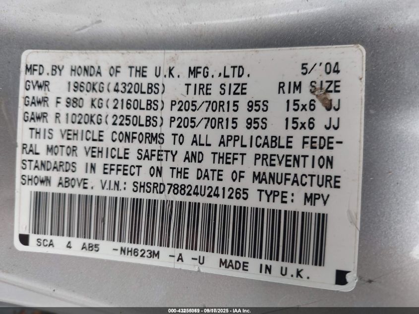 2004 Honda Cr-V Ex VIN: SHSRD78824U241265 Lot: 43255369