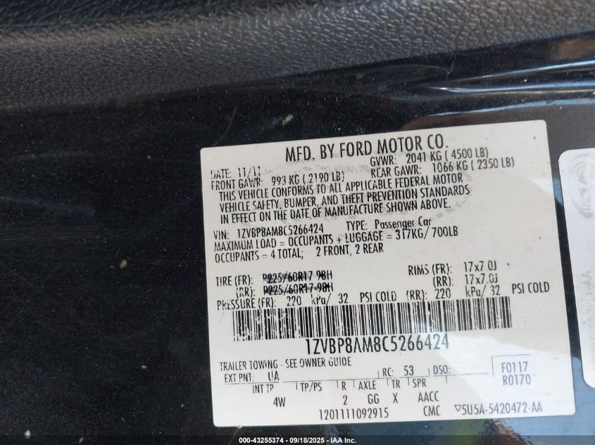 2012 Ford Mustang V6 Premium VIN: 1ZVBP8AM8C5266424 Lot: 43255374