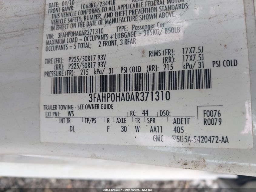 2010 Ford Fusion Se VIN: 3FAHP0HA0AR371310 Lot: 43255387