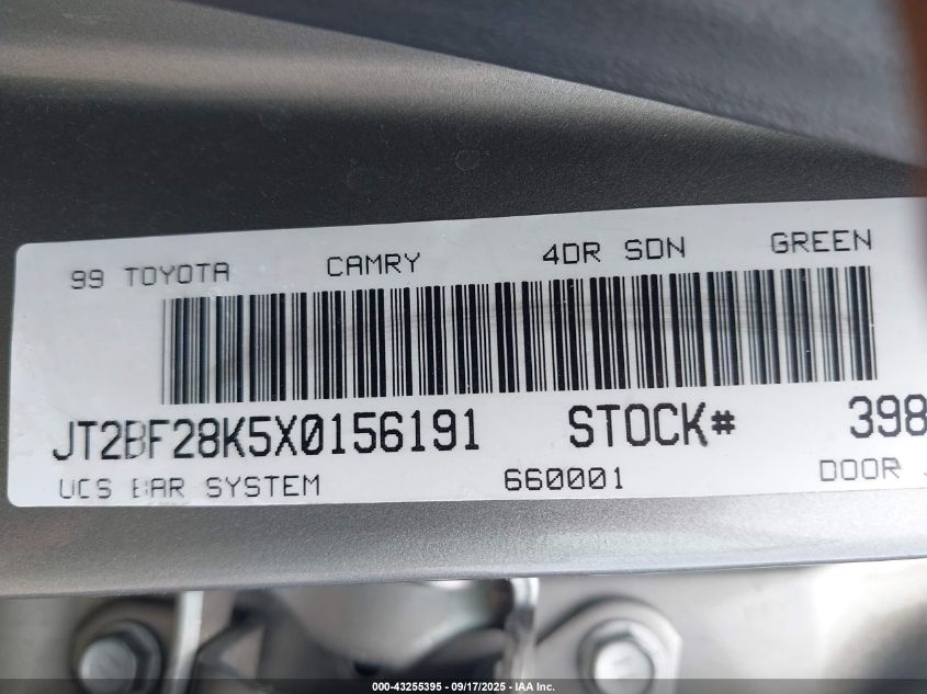 1999 Toyota Camry Le V6 VIN: JT2BF28K5X0156191 Lot: 43255395